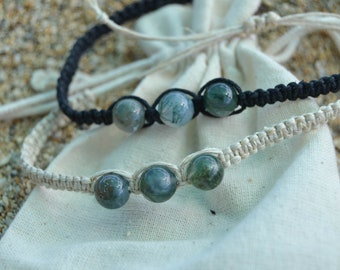 Moss Agate Hemp Bracelet: Beaded Adjustable Anklet