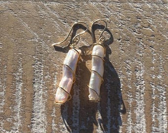 Pearl and Gold Filled Dangle Earrings, Gold Sea Shell Jewelry