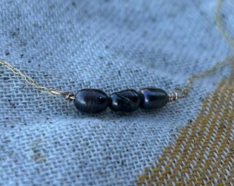 Black Freshwater Pearl Necklace: Triple Pearl, 14K Gold Filled Chain