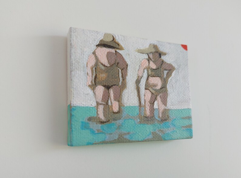 Mini painting mini canvas, Original woman painting on canvas , swimmer painting, SMALL FORMAT , beach painting, women art, original art zdjęcie 8