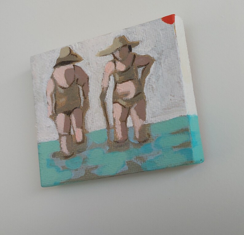 Mini painting mini canvas, Original woman painting on canvas , swimmer painting, SMALL FORMAT , beach painting, women art, original art zdjęcie 5