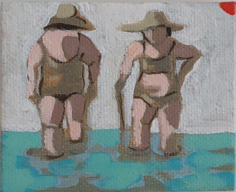 Mini painting mini canvas, Original woman painting on canvas , swimmer painting, SMALL FORMAT , beach painting, women art, original art zdjęcie 2