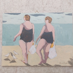 Original woman painting on canvas board, swimmer painting, SMALL FORMAT , beach painting, women art, original wall art, aliaaessamart