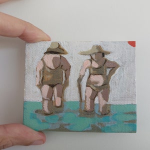 Mini painting mini canvas, Original woman painting on canvas , swimmer painting, SMALL FORMAT , beach painting, women art, original art