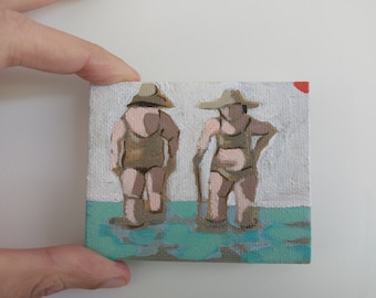 Mini painting mini canvas, Original woman painting on canvas , swimmer painting, SMALL FORMAT , beach painting, women art, original art