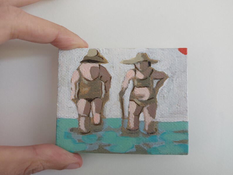 Mini painting mini canvas, Original woman painting on canvas , swimmer painting, SMALL FORMAT , beach painting, women art, original art zdjęcie 1