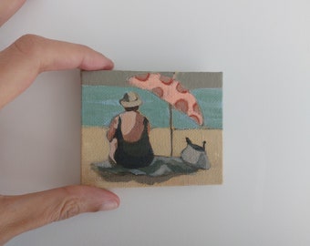 Mini painting mini canvas, Original woman painting on canvas , swimmer painting, SMALL FORMAT , beach painting, women art, original art