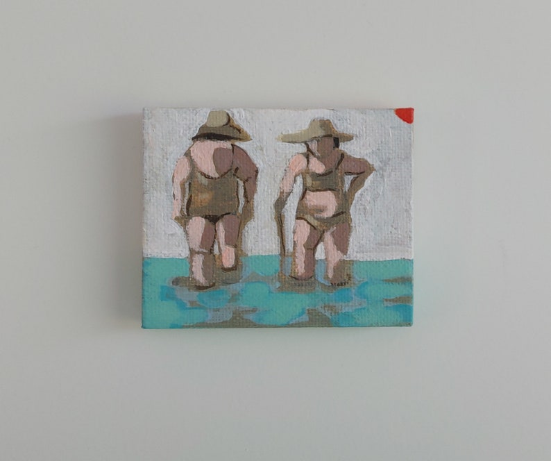 Mini painting mini canvas, Original woman painting on canvas , swimmer painting, SMALL FORMAT , beach painting, women art, original art zdjęcie 3