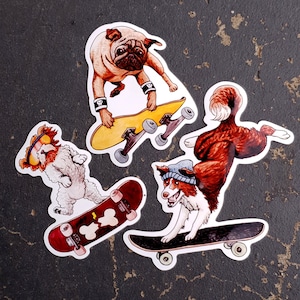Skateboarding Hunde Glossy Vinyl Sticker Pack, Mops, Border Collie, Terrier