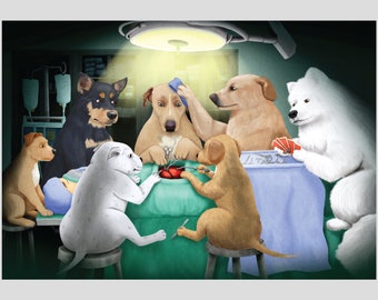 Dogs Playing Poker Parody Print,  Veterinary Office Illustration, Fun Dog Poster, Doctor Surgery, Labrador, Staffordshire Bull Terrier