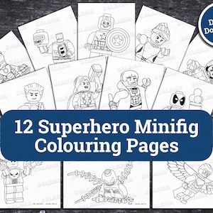 May include: Twelve black and white coloring pages featuring superhero minifigures. The pages include characters like Captain America, Thor, Spider-Man, and more.  "12 Superhero Minifig Coloring Pages" is printed in blue at the bottom of the image.
