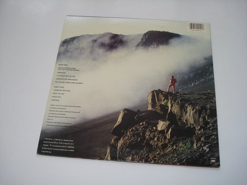 Pu&ograve; includere: Copertina di un album con una persona in tuta rossa in piedi su una scogliera rocciosa, che domina un paesaggio montuoso nebbioso. La tracklist dell'album &egrave; visibile a sinistra. L'estetica generale &egrave; attenuata, con un focus sul paesaggio naturale.