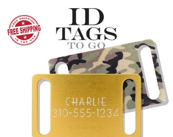 Large Slide On Tag Engraved Collar Slide Pet Dog ID Tag Noise Free Personalized. Gold, Camo, or Black.