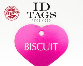 Large heart pet cat dog id tag in red, hot pink, or purple colors engraved custom personalized Pet Tag. ID Tags to Go