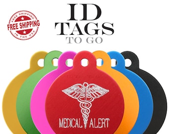 Large Round Circle Medical Alert Tag Necklace or Keychain Engraved Personalized Custom Red Black Blue Hot Pink