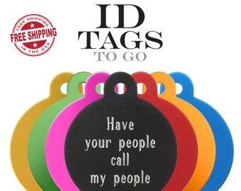 Engraved Pet ID Tags. Large round circle pet, cat, dog ID tag in your choice of color. Custom engraved and personalized on both sides.