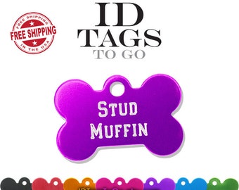 Stud Muffin Funny ID Tag for little dogs. Teacup small sized pet ID Tag. Custom engraved and personalized on both sides.