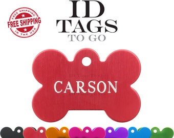 Pet Tags. Dog Tags for Dogs Large Bone ID Tag custom engraved personalized on two sides. Optional Tag Silencer Available.