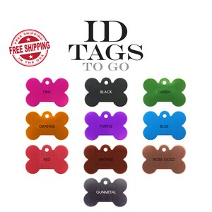 Puede incluir: Surtido de 10 etiquetas de identificaci&oacute;n para perros en forma de hueso en varios colores, incluyendo rosa, negro, verde, naranja, morado, azul, rojo, bronce, oro rosa y gris oscuro. Las etiquetas son todas del mismo tama&ntilde;o y forma, y tienen un agujero en la parte superior para sujetar una correa o collar.