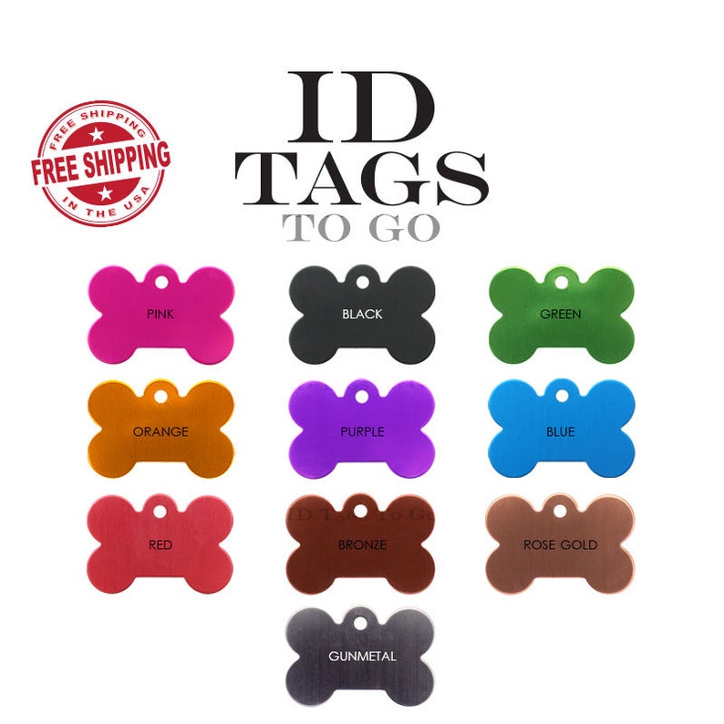 Puede incluir: Surtido de 10 etiquetas de identificaci&oacute;n para perros en forma de hueso en varios colores, incluyendo rosa, negro, verde, naranja, morado, azul, rojo, bronce, oro rosa y gris oscuro. Las etiquetas son todas del mismo tama&ntilde;o y forma, y tienen un agujero en la parte superior para sujetar una correa o collar.