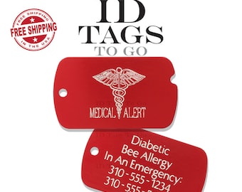 Military Style Medical Alert Id tag, custom, engraved, personalized, allergy, diabetic, necklace, jewlery, key. ID Tags to Go