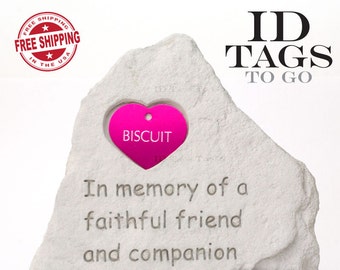 Pet Memorial Stone. Custom Engraved Inscription on Heart Tag. Rainbow Bridge Remembrance. Weatherproof. Choose Your Color.