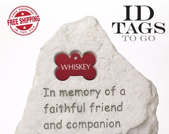 Pet Memorial Stone Grave Marker. Custom Engraved Inscription on Dog Bone Tag. Rainbow Bridge. Pet Remembrance. Weatherproof. Color Options.
