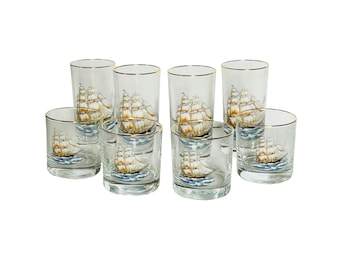 Midcentury Nautical Tall Ship Masted Clipper Highball and Low Balls/Old Fashioned Cocktail Glasses - Sets of 4