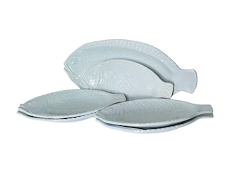 Midcentur McCoy Ceramic Ovenproof White Fish Platter Set 9374 Made in USA 6 Piece Set