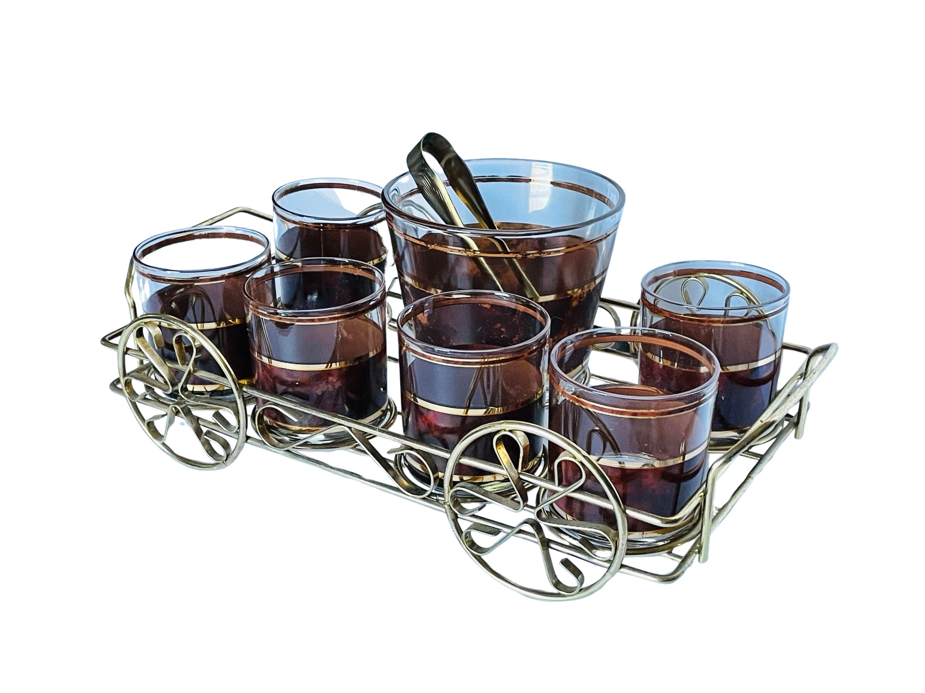 Culver Tortoise MidCentury Cocktail Set - Double Old Fashioned/Rocks Glasses, Ice Bucket and Wagon Caddy