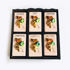 Vintage Wooden Spice Rack with Pink Ceramic Grape Leaves- Set of 6 Japan