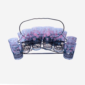 Libbey MidCentury Drinking Glasses Pink and Black Glassware Set - 8 Tumblers in Caddy 4 Juice Glasses