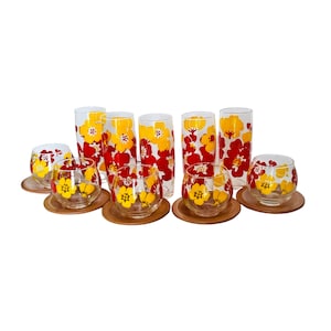 Midcentury Kamei Glass Company Barware Glasses Tumblers Mod Flowers Japan Set Original Box