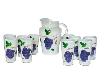 Vintage Bartlett Collins Pitcher and Tumblers Grapes Cased Hand Painted - 11 Piece Set