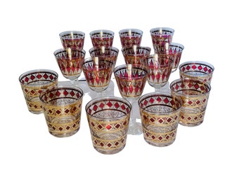MCM West Virginia Glass Rainier Diamond Harlequin Gold Cocktail Glasses Wine/Sherry, Champagne Flute, Double Old Fashioned Sold Separately