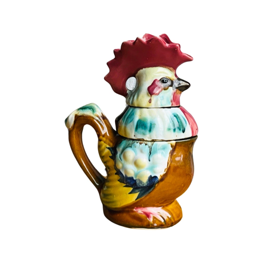 Vintage Stacking Rooster Tea Set Japan Majolica 3 Pieces Teapot Sugar