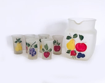 Federal Glass Gay Fad Hand Painted Fruit Frosted Satin Star Pitcher and Glasses - 7 Piece Set