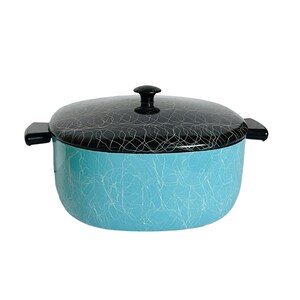 May include: A blue and black enamel Dutch oven with a lid. The oven has a white swirl pattern on the blue exterior and a black swirl pattern on the lid.