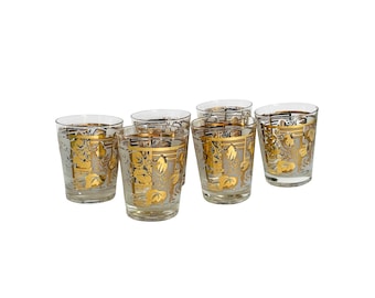 Midcentury Cocktail Glasses Double Old Fashioned Whiskey Frosted Vine Leaf Design - Set of 6