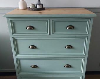 Solid heavy chest with deep drawers and painted in Heritage Sage Green colour.