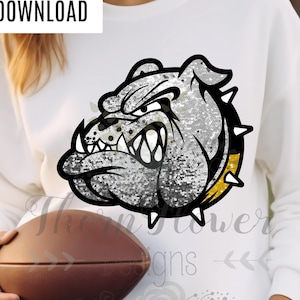 Download digital, Bulldogs, Lantejoulas falsas, Look de lantejoulas douradas, Dia de jogo, Escola, Mascote, Esportes, PNG, Imprimível, Brilho, Spirit Wear, Futebol