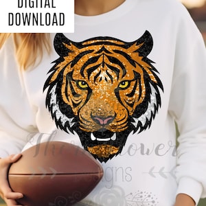 Download digital, Tigre, Lantejoulas falsas, Look de lantejoulas, Dia de jogo, Escola, Mascote, Esportes, PNG, Imprimível, Brilho, Spirit Wear, Futebol