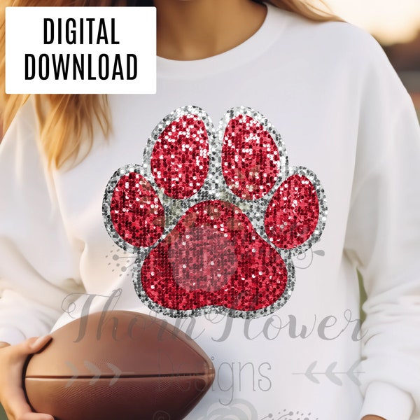 Faux Sequins, Sequin Look, Paw Print, Lightning, Game Day, School, Mascot, Sports, Digital Download, PNG, Printable, Red, Silver