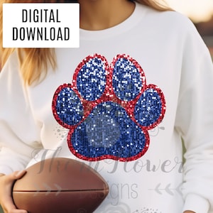Lantejoulas artificiais, aparência de lantejoulas, impressão de pata, relâmpago, dia de jogo, escola, mascote, esportes, download digital, PNG, para impressão, azul royal, vermelho