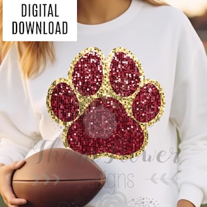 Lentejuelas falsas, apariencia de lentejuelas, huella de pata, relámpago, día del juego, escuela, mascota, deportes, descarga digital, PNG, imprimible, granate, dorado, brillante