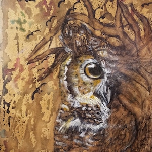 Original mixed medial OWL Painting  - &quot; Under the Cloak of Night &quot;