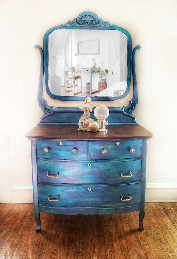 Sold Mermaid Northern Lights Peacock Dresser Bathroom Etsy