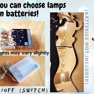 May include: A set of 40 white LED fairy lights on a silver wire, powered by 3 AA batteries (not included). The lights are in a clear plastic package with a white label that says "Silver Wire Lights 40 LED". The lights are also shown strung on a wooden cutout of a person, with a close-up of the on/off switch.