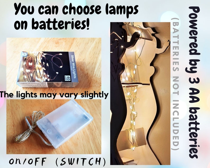 May include: A set of 40 white LED fairy lights on a silver wire, powered by 3 AA batteries (not included). The lights are in a clear plastic package with a white label that says "Silver Wire Lights 40 LED". The lights are also shown strung on a wooden cutout of a person, with a close-up of the on/off switch.