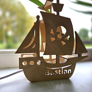 Nachtlampje piratenschip, houten kinderkamerlamp, decoratie kinderkamer